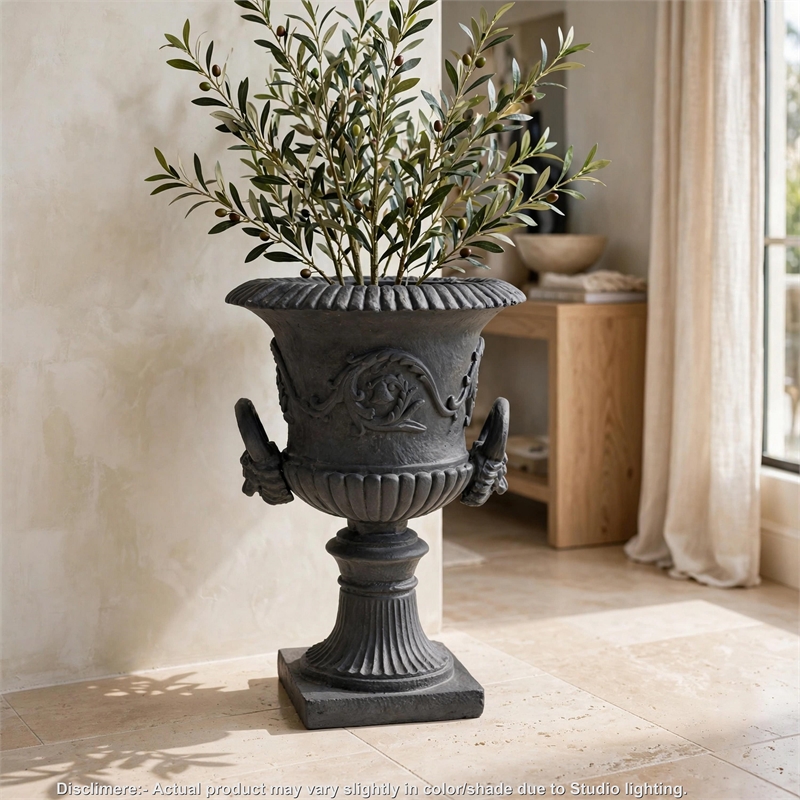 Kiti Urn Planter on Pedestal- Antique Gray Concrete w Carving- 28 Inch