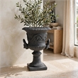 Kiti Urn Planter on Pedestal- Antique Gray Concrete w Carving- 28 Inch