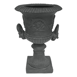 Kiti Urn Planter on Pedestal- Antique Gray Concrete w Carving- 28 Inch