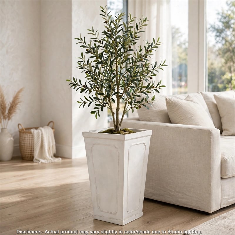 Rahu Tall Tapered Planter- Framed Panel-  Antique White Concrete 31 Inch