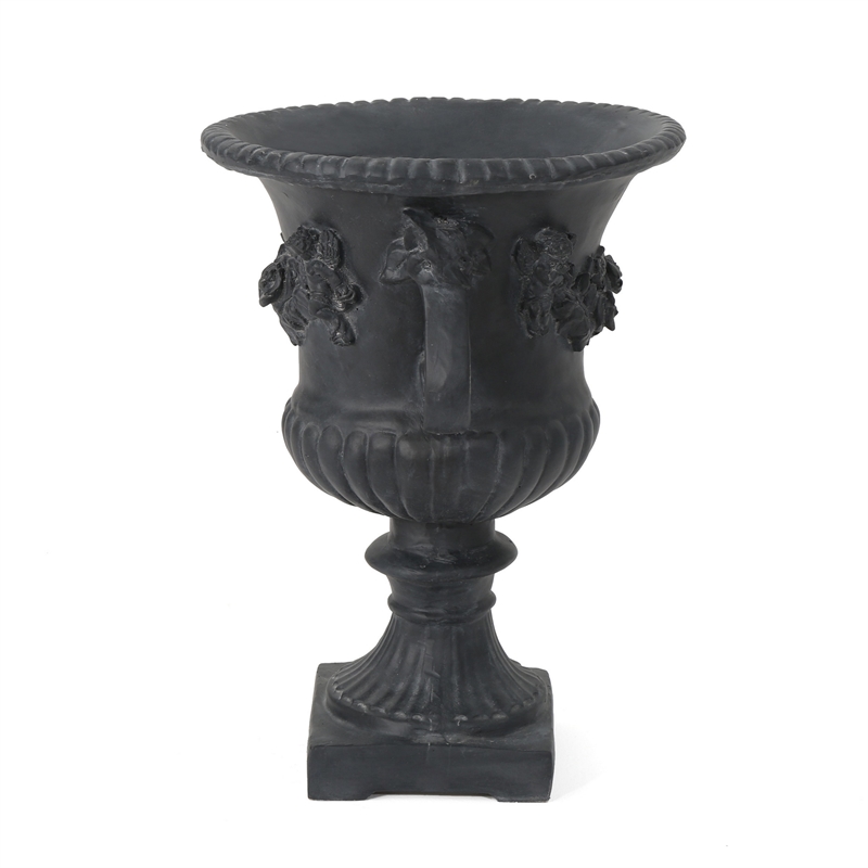 Urn Planter on Pedestal- Cherubs- Carved Antique Black Concrete 24 Inch