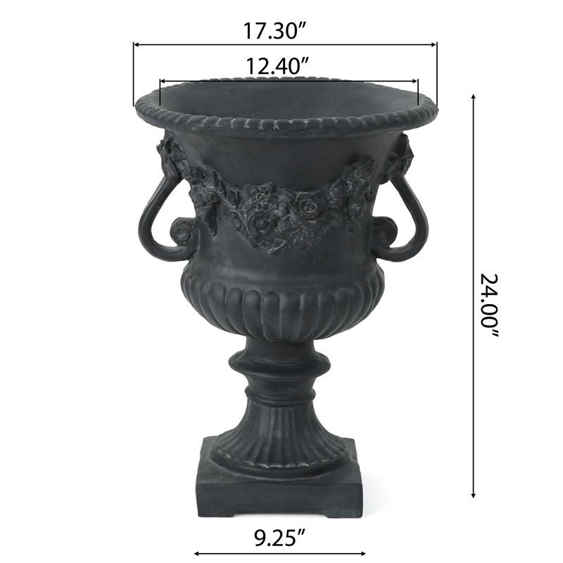 Urn Planter on Pedestal- Cherubs- Carved Antique Black Concrete 24 Inch