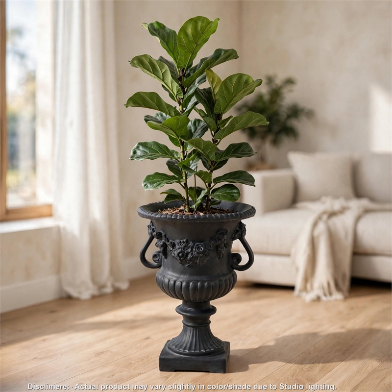 Urn Planter on Pedestal- Cherubs- Carved Antique Black Concrete 24 Inch