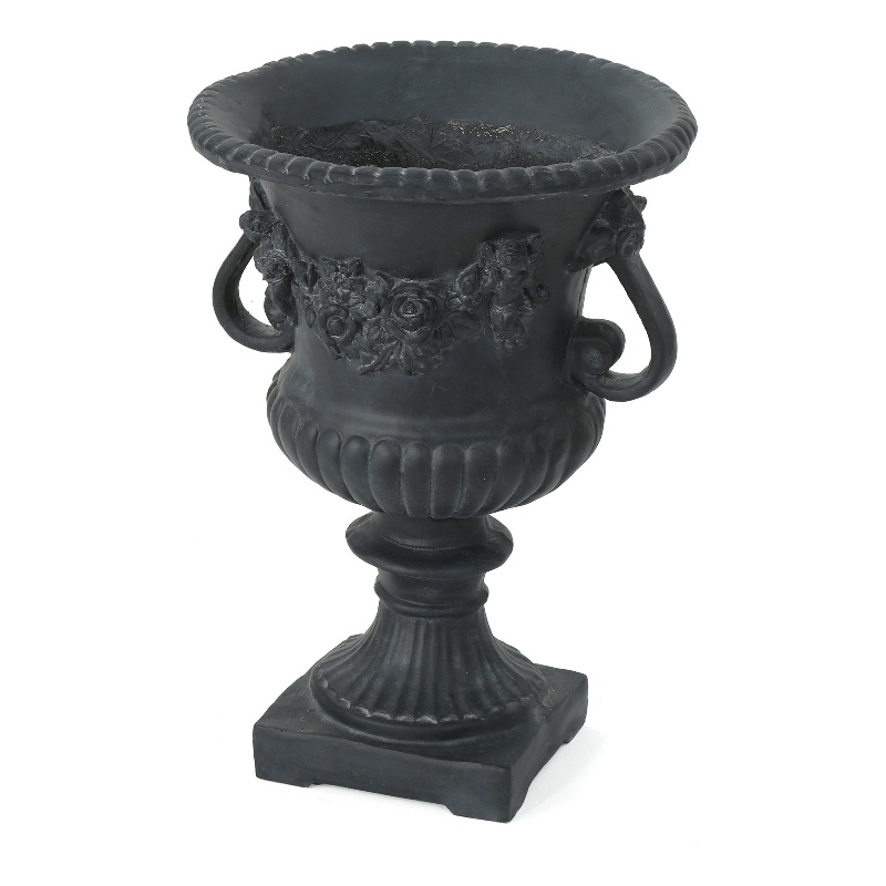Urn Planter on Pedestal- Cherubs- Carved Antique Black Concrete 24 Inch