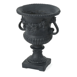 Urn Planter on Pedestal- Cherubs- Carved Antique Black Concrete 24 Inch