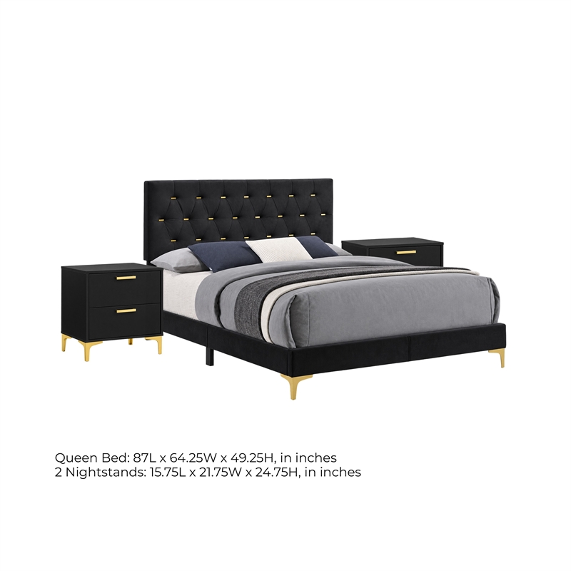 Queen Bedroom Set- Black and Gold- 3 Piece Set with 2 Nightstands