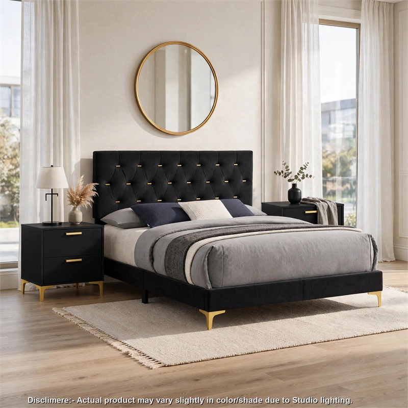 Queen Bedroom Set- Black and Gold- 3 Piece Set with 2 Nightstands