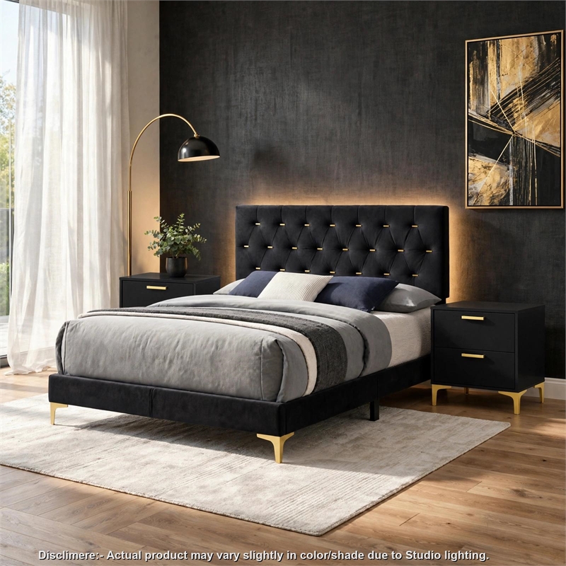 Queen Bedroom Set- Black and Gold- 3 Piece Set with 2 Nightstands