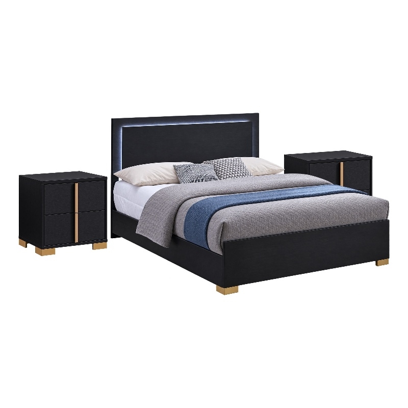 King Bedroom Set- Black and Gold- 3 Piece Set with 2 Nightstands