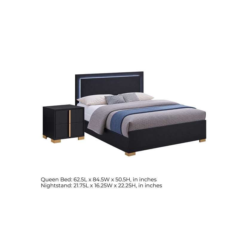 Queen Bedroom Set- Black and Gold- 2 Piece Set with Nightstand