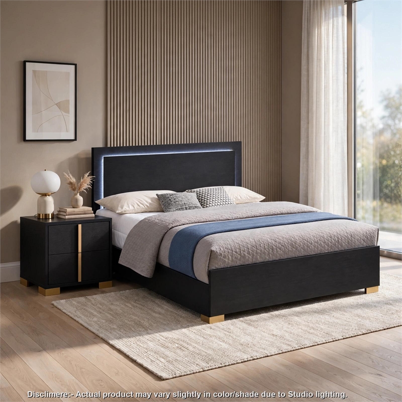Queen Bedroom Set- Black and Gold- 2 Piece Set with Nightstand