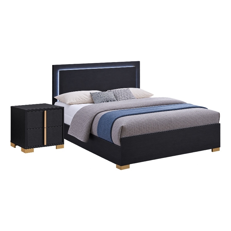 Queen Bedroom Set- Black and Gold- 2 Piece Set with Nightstand