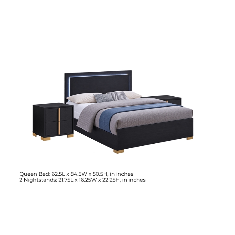 Queen Bedroom Set- Black and Gold- 3 Piece Set with 2 Nightstands