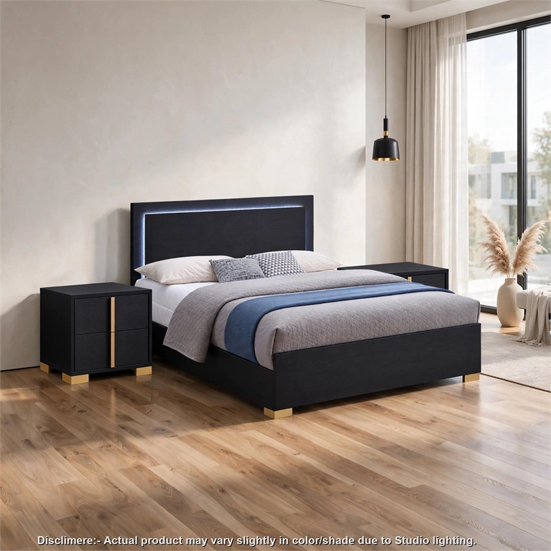 Queen Bedroom Set- Black and Gold- 3 Piece Set with 2 Nightstands