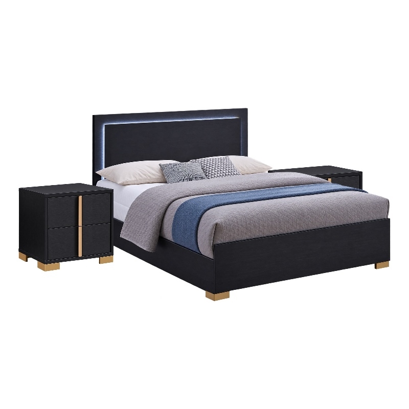 Queen Bedroom Set- Black and Gold- 3 Piece Set with 2 Nightstands