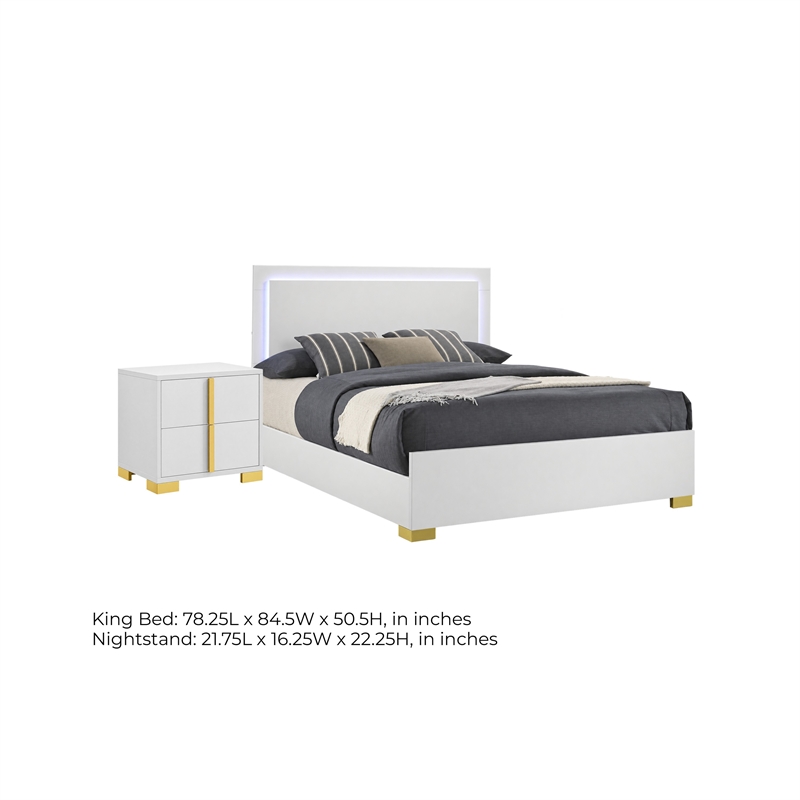 King Bedroom Set- White and Gold- 2 Piece Set with Nightstand