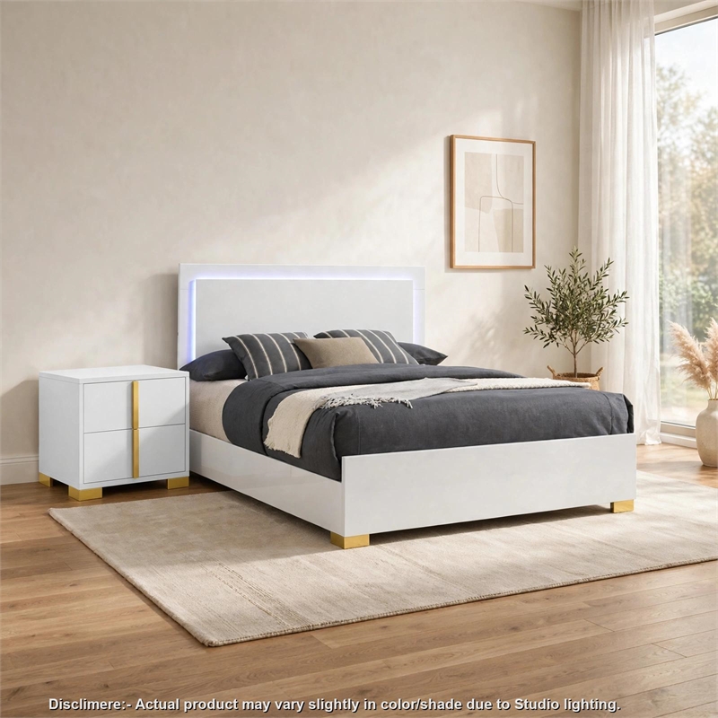 King Bedroom Set- White and Gold- 2 Piece Set with Nightstand
