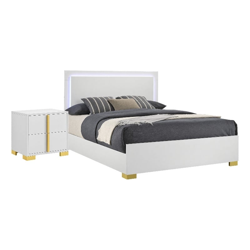 King Bedroom Set- White and Gold- 2 Piece Set with Nightstand