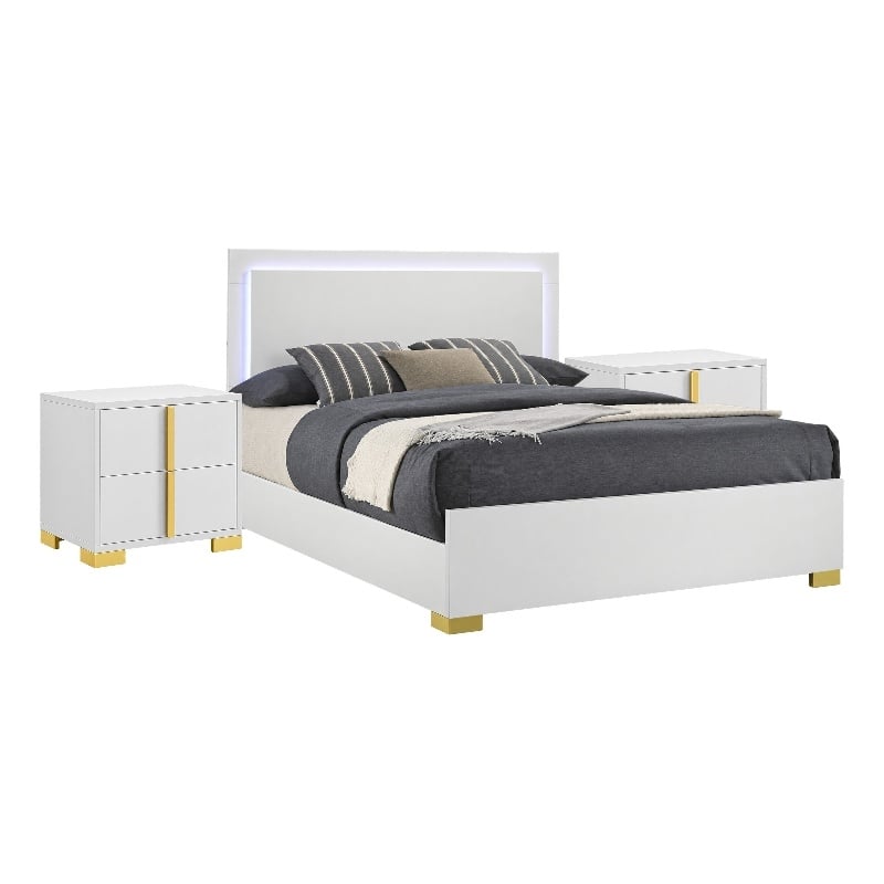 King Bedroom Set- White and Gold- 3 Piece Set with 2 Nightstands