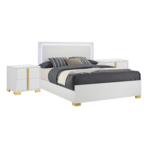 King Bedroom Set- White and Gold- 3 Piece Set with 2 Nightstands
