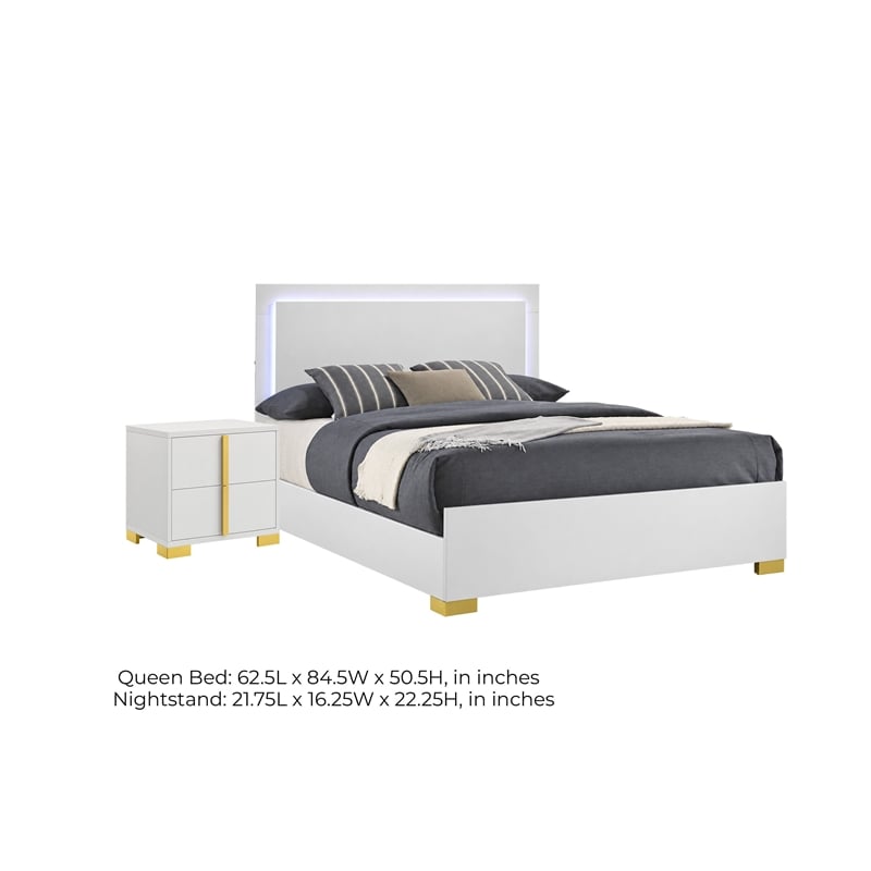 Queen Bedroom Set- White and Gold- 2 Piece Set with Nightstand