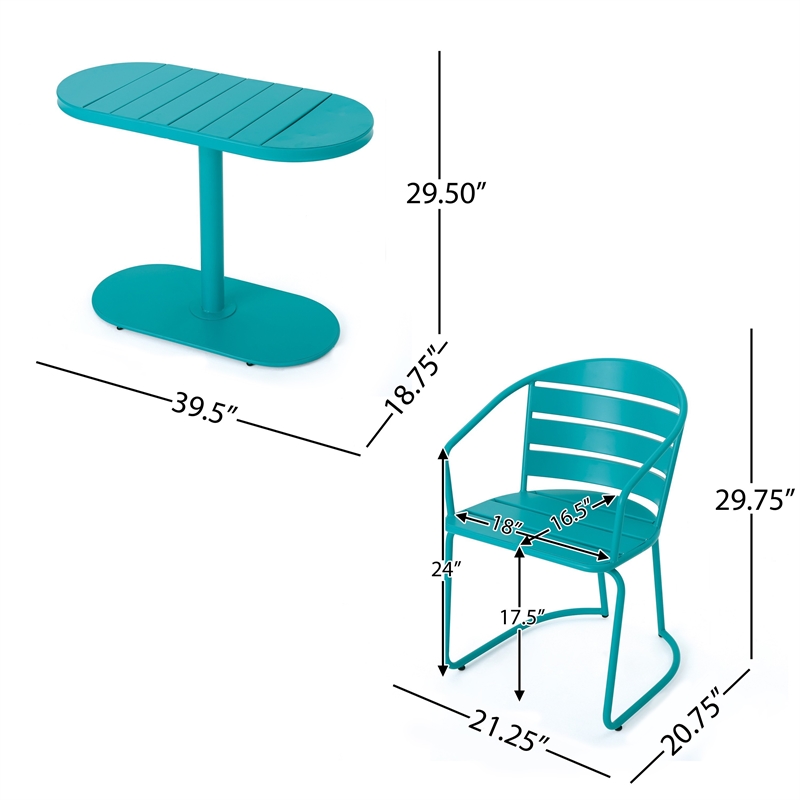 Monalisa 3pc Outdoor Bistro Table Set- Slatted Curved Back Chairs- Teal