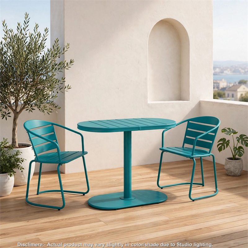 Monalisa 3pc Outdoor Bistro Table Set- Slatted Curved Back Chairs- Teal