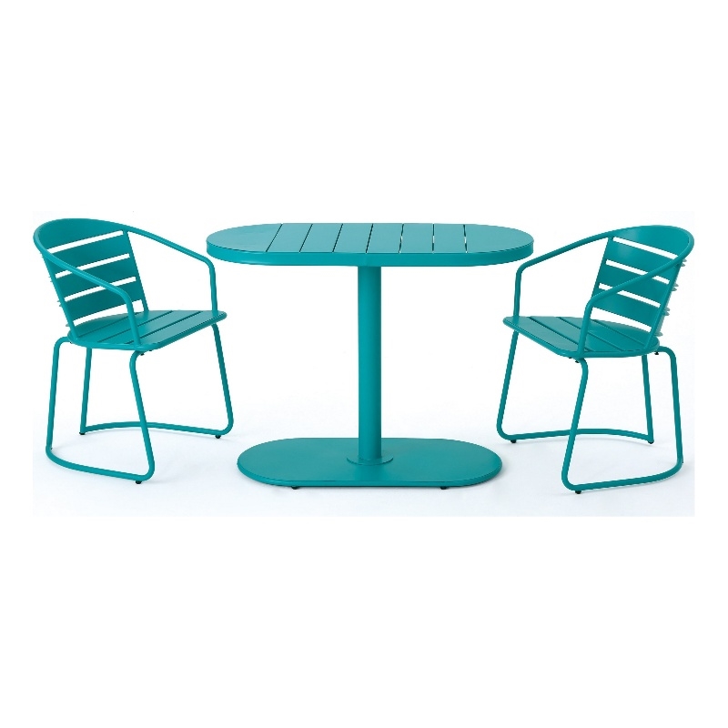 Monalisa 3pc Outdoor Bistro Table Set- Slatted Curved Back Chairs- Teal