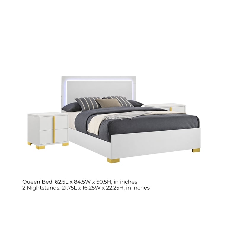 Queen Bedroom Set- White and Gold- 3 Piece Set with 2 Nightstands