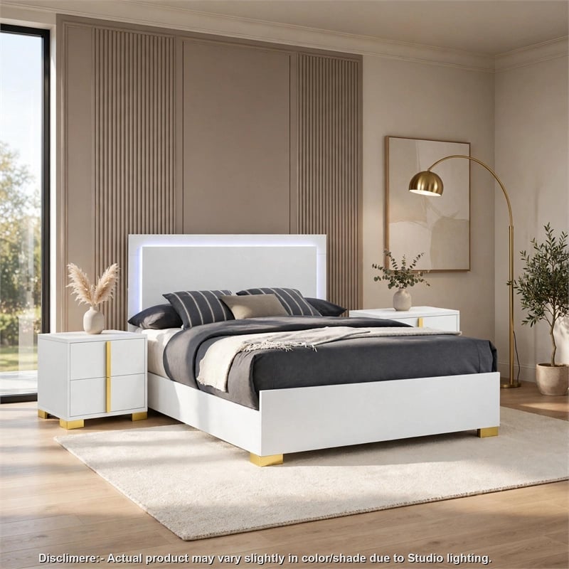 Queen Bedroom Set- White and Gold- 3 Piece Set with 2 Nightstands