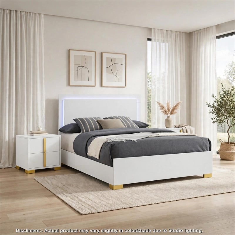 Queen Bedroom Set- White and Gold- 3 Piece Set with 2 Nightstands