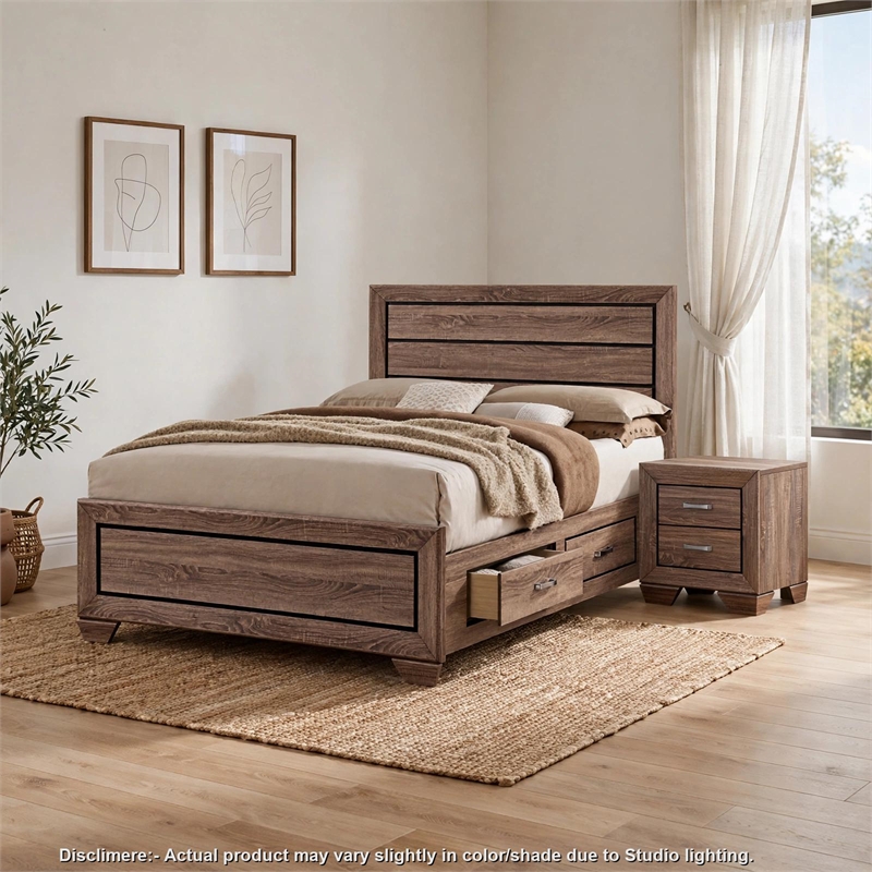 King Bedroom Set- Storage Brown- 2 Piece Set with Nightstand