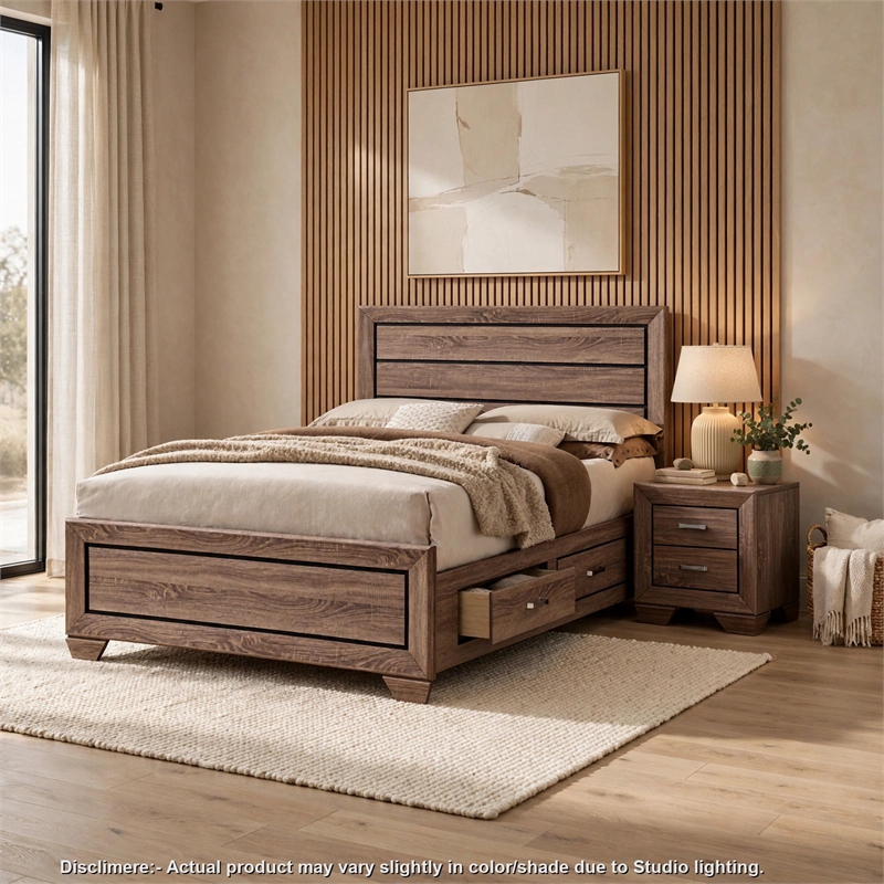 King Bedroom Set- Storage Brown- 2 Piece Set with Nightstand