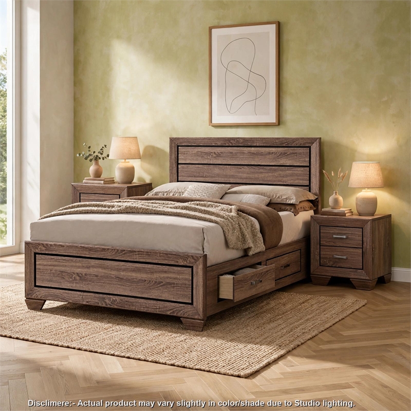 King Bedroom Set- Storage Brown- 3 Piece Set with 2 Nightstands