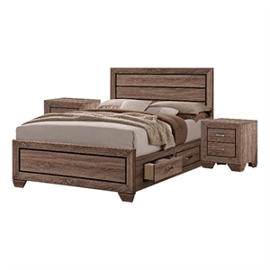 King Bedroom Set- Storage Brown- 3 Piece Set with 2 Nightstands