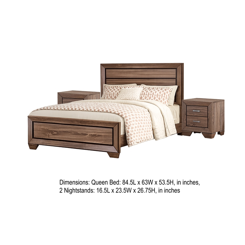 Queen Bedroom Set- Brown- 3 Piece Set with 2 Nightstands