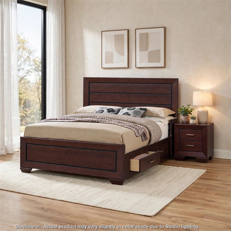 King Bedroom Set- Storage Design- Brown- 2 Piece Set with Nightstand