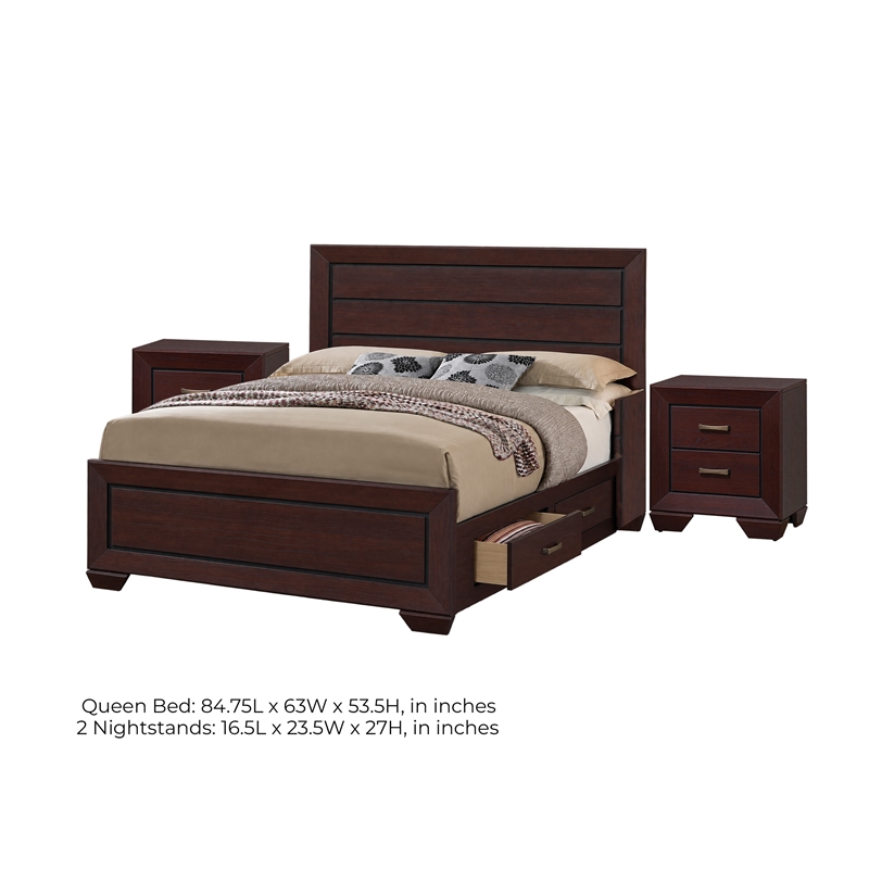 Queen Bedroom Set- Brown- 3 Piece Set with 2 Nightstands