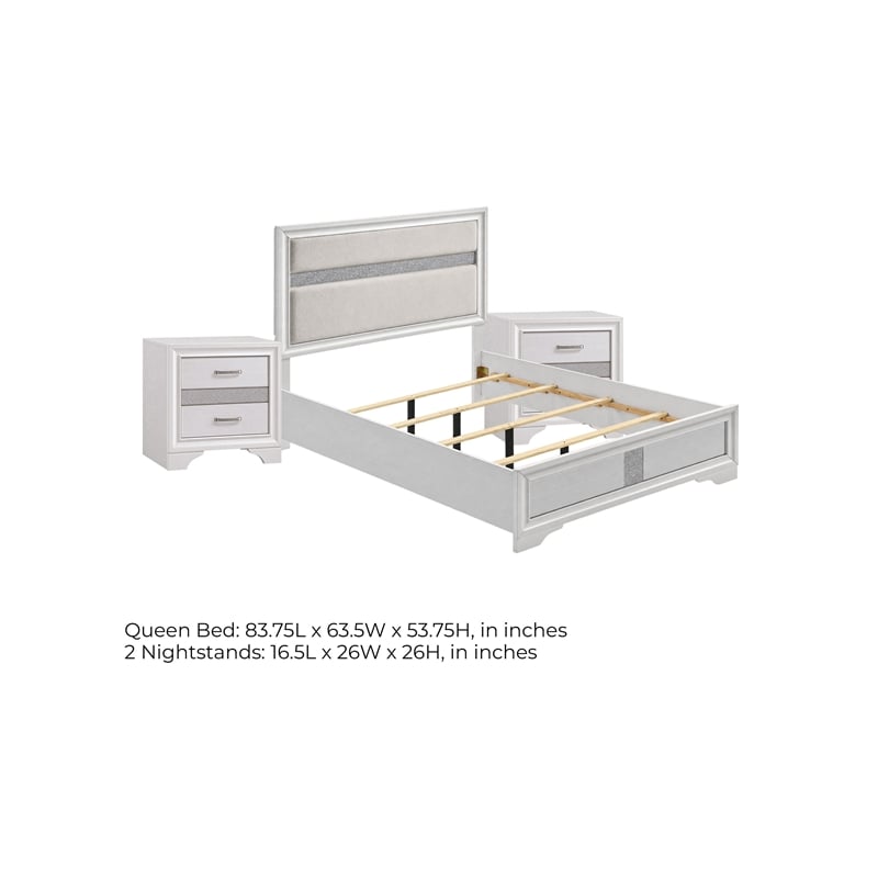 Queen Bedroom Set- White- 3 Piece Set with 2 Nightstands
