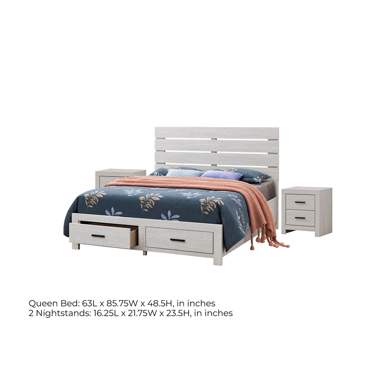 Queen Bedroom Set- Storage Design- White- 3 Piece Set with 2 Nightstands