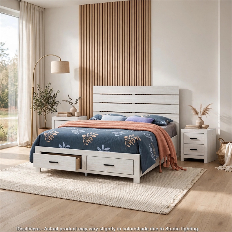 Queen Bedroom Set- Storage Design- White- 3 Piece Set with 2 Nightstands