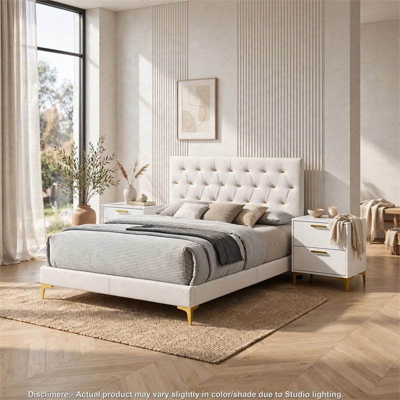Queen Bedroom Set- White- Black and Gold- 3 Piece Set with 2 Nightstands
