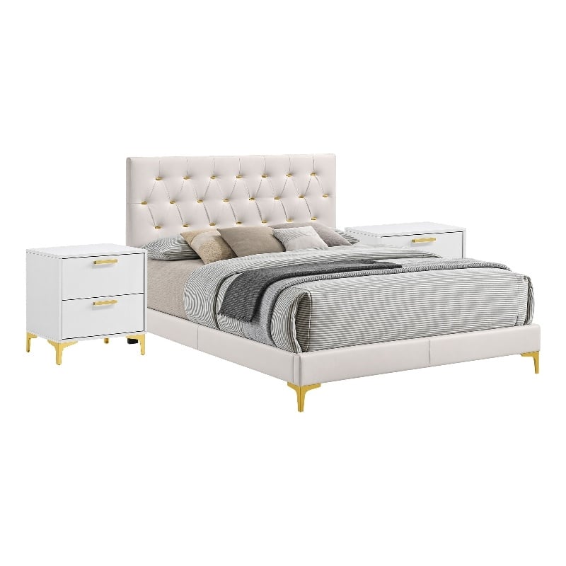 Queen Bedroom Set- White- Black and Gold- 3 Piece Set with 2 Nightstands