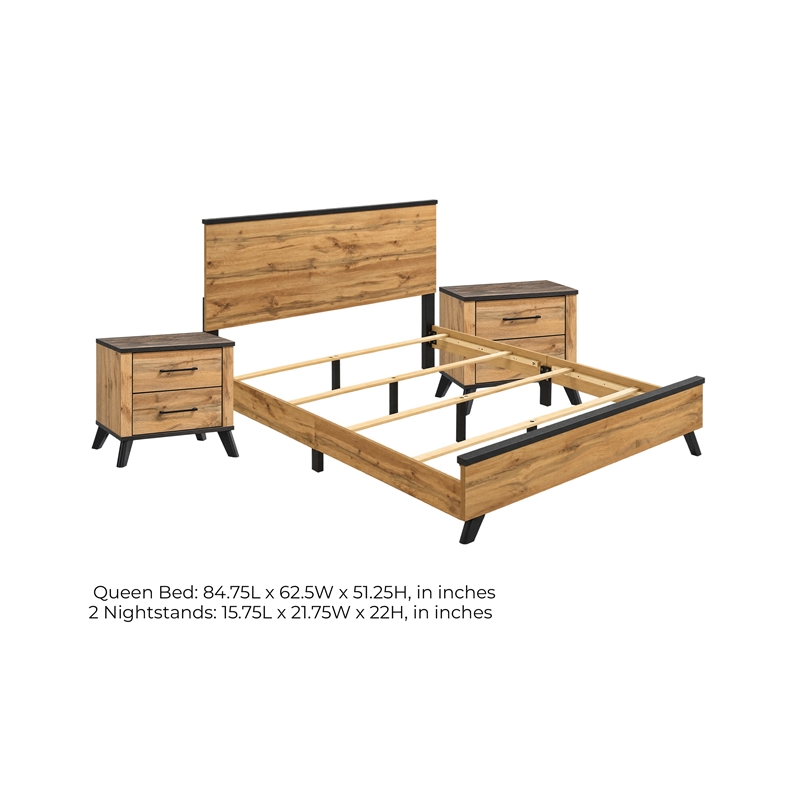Queen Bedroom Set- Black- Dark Brown- 3 Piece Set with 2 Nightstands