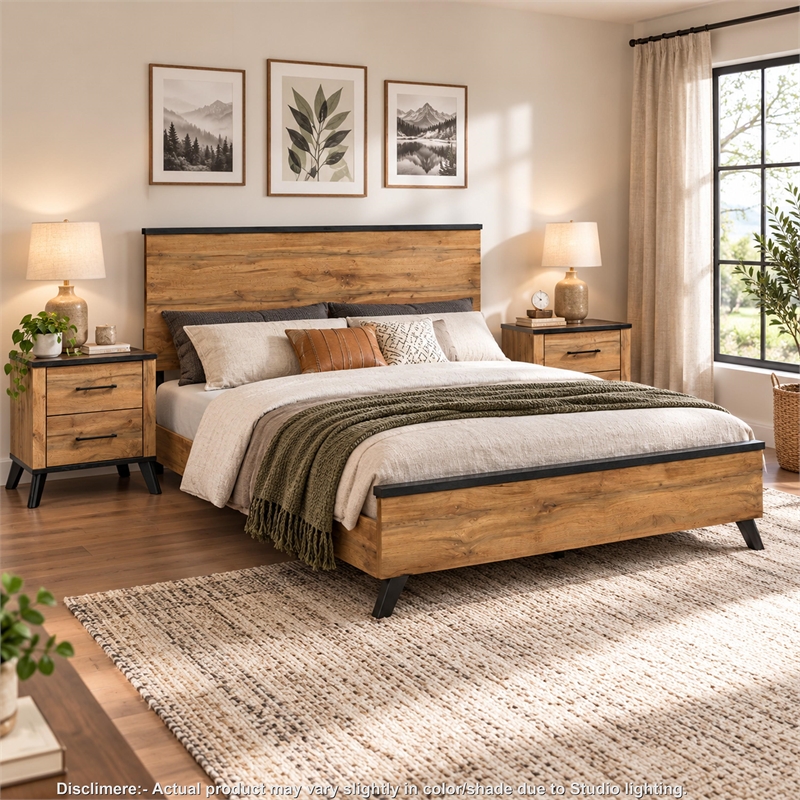 Queen Bedroom Set- Black- Dark Brown- 3 Piece Set with 2 Nightstands