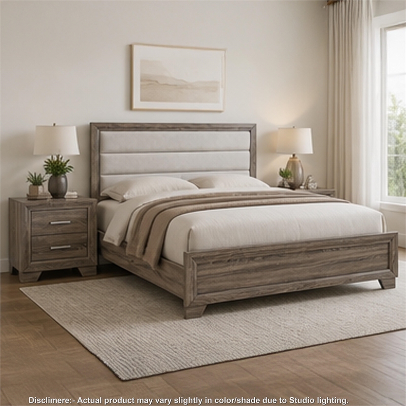 Queen Bedroom Set- Oak Brown- Silver- 3 Piece Set with 2 Nightstands
