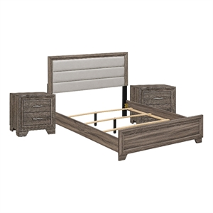Queen Bedroom Set- Oak Brown- Silver- 3 Piece Set with 2 Nightstands
