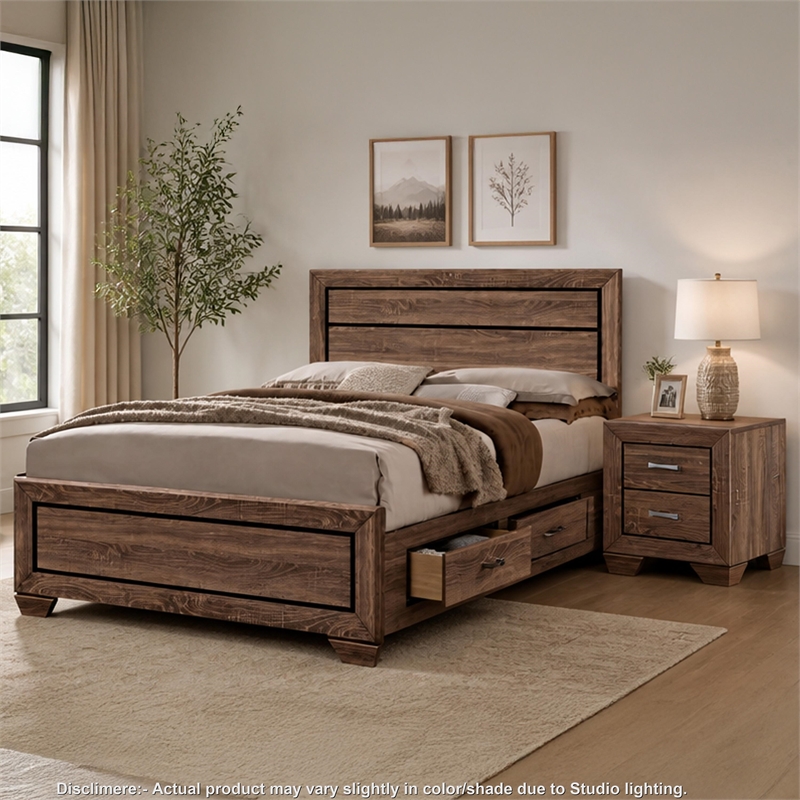 California King Bedroom Set- Storage- Brown- 2 Piece Set with Nightstand
