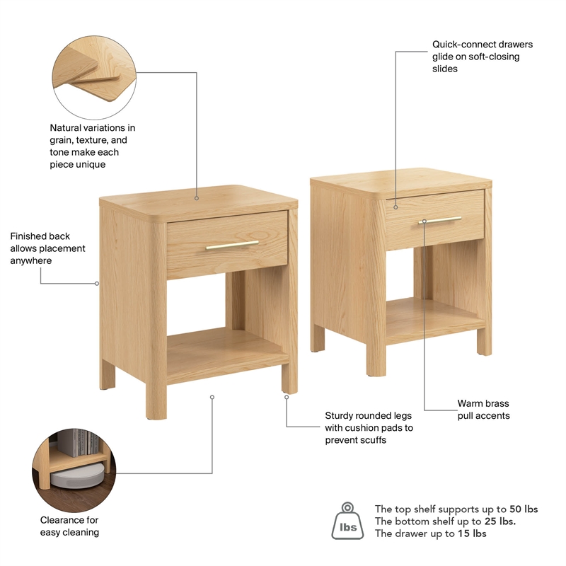 Bush Home Vera Nightstand with Drawer - Set of 2 - Premium Wood Materials