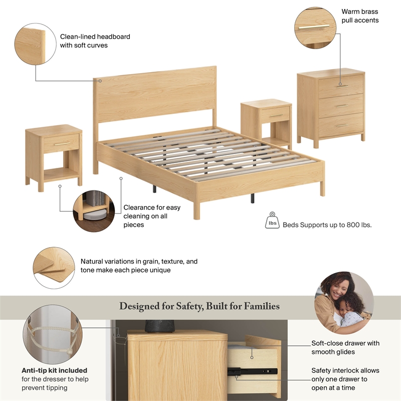 Bush Home Vera Queen Platform Bed & Dresser & 2 Nightstands - Premium Wood